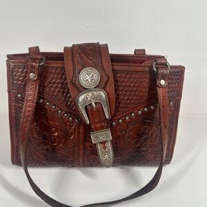 American West Tooled Leather Shoulder Bag Studded Western Boho 80s *READ*